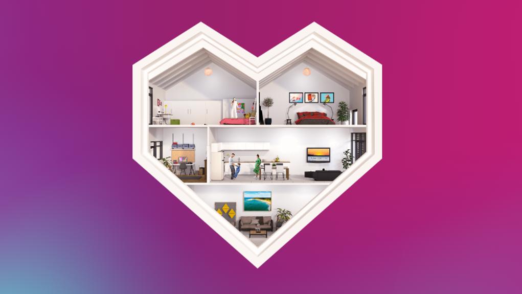 a white heart shape on the Aura chromaflow background with rooms from a home filling the heart